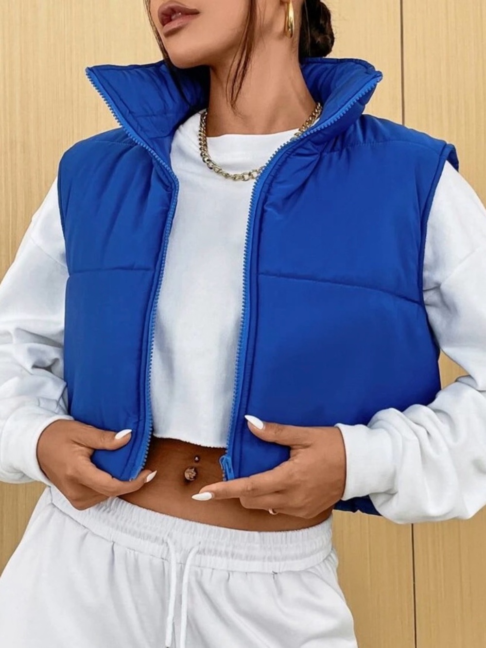 SHEIN MOOSTA Puffer Vest Zip Up Cropped Padded Sleeveless Coat Small S Blue